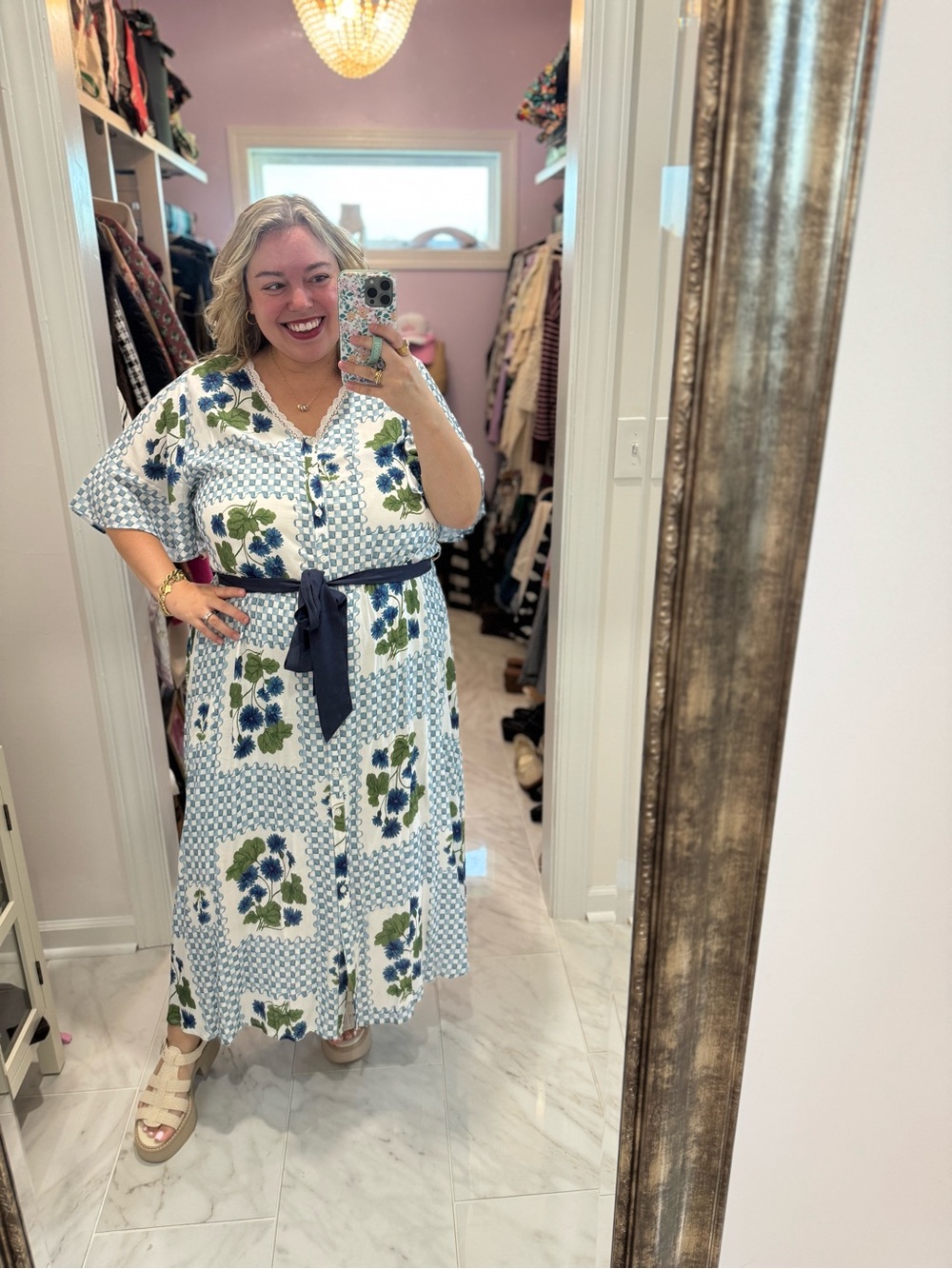 Ulla Popken Floral Button-Front Midi Dress with Tie Belt - Blue/Green